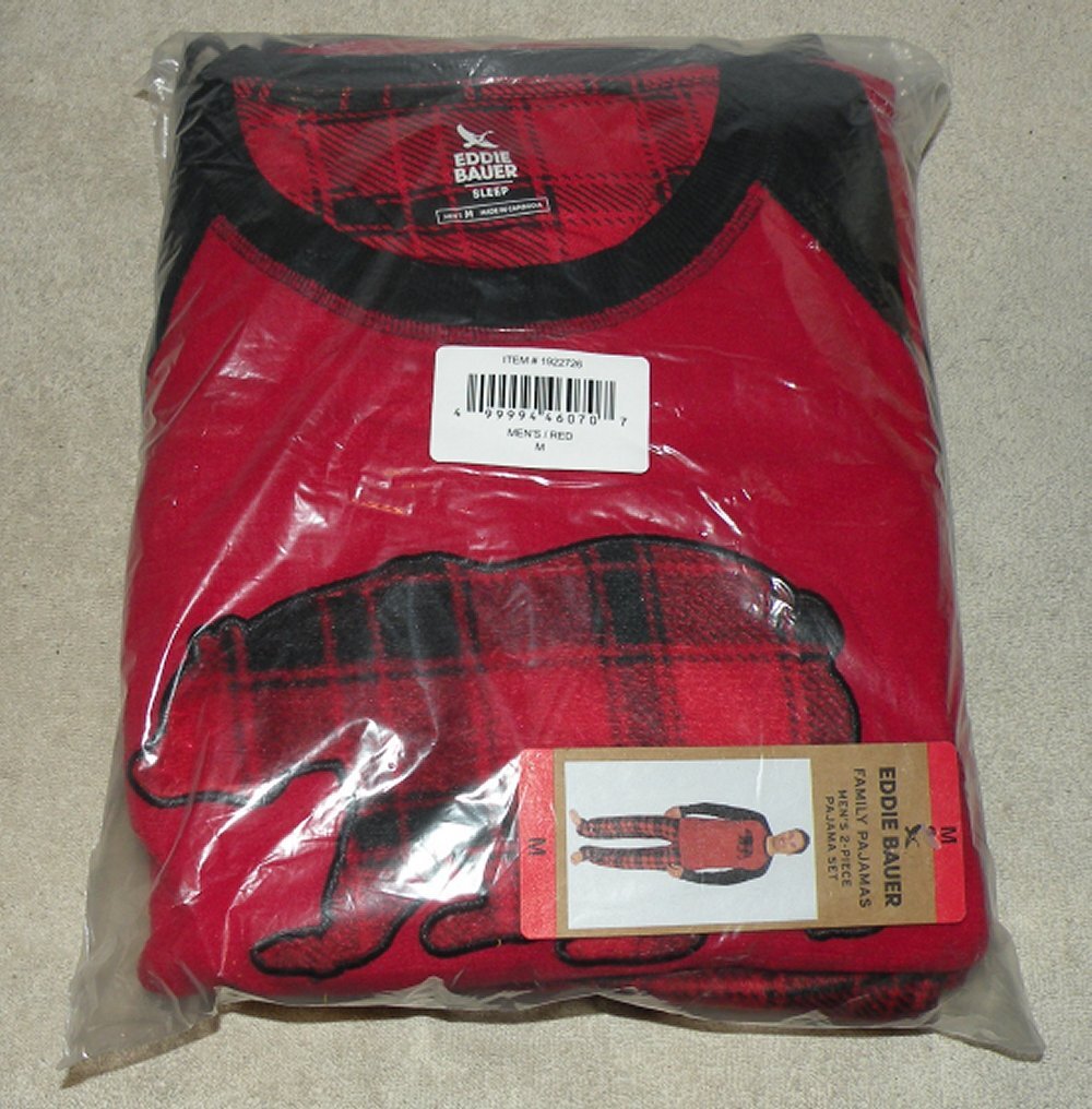 Eddie Bauer Men's Medium 2 Piece Pajama Set Red Black Bear LS Shirt Pants NWT